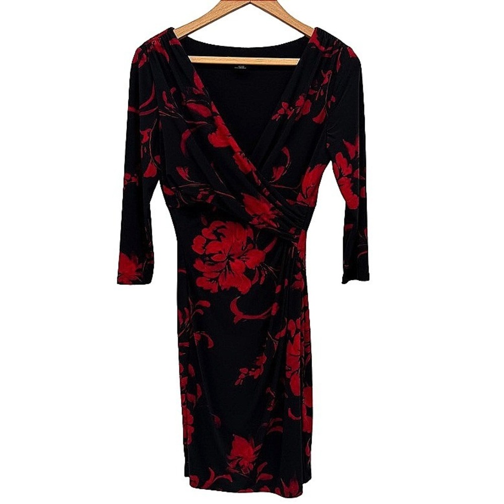 Lauren Ralph Lauren Faux Wrap Dark Floral Sheath Dress Black Red Classy Chic 8P